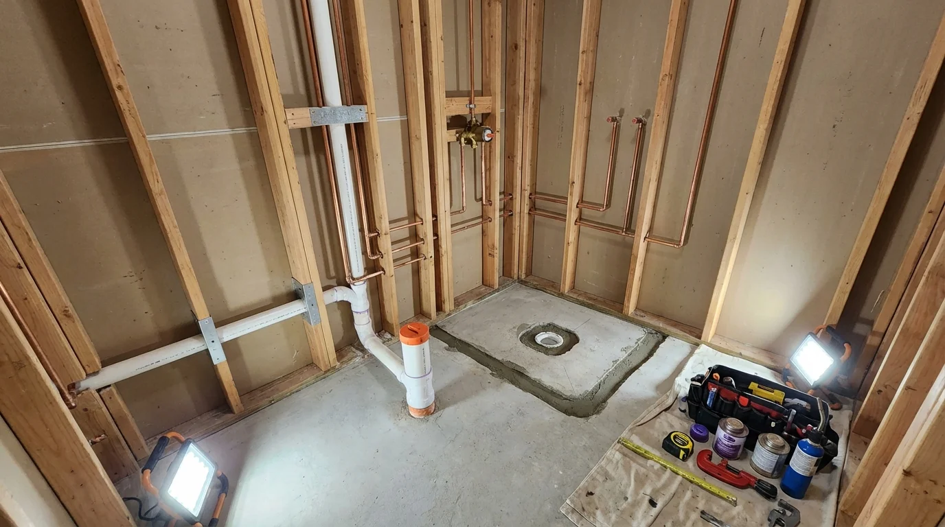 Bathroom rough-in plumbing during remodel by Johns Plumbing LLC in King and Queen Court House