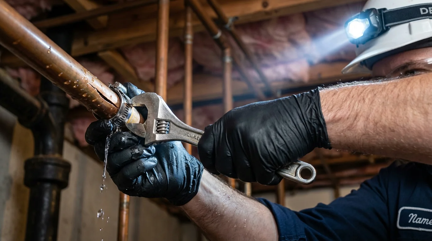 Emergency pipe clamp repair being performed by a Johns Plumbing LLC plumber in King and Queen Court House