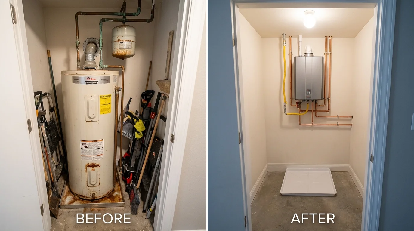 Tank water heater versus wall-mounted tankless unit comparison for King and Queen Court House, VA homeowners
