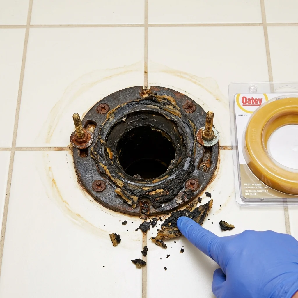 Failed wax ring showing water seepage at the base of a toilet in a King and Queen Court House, VA home