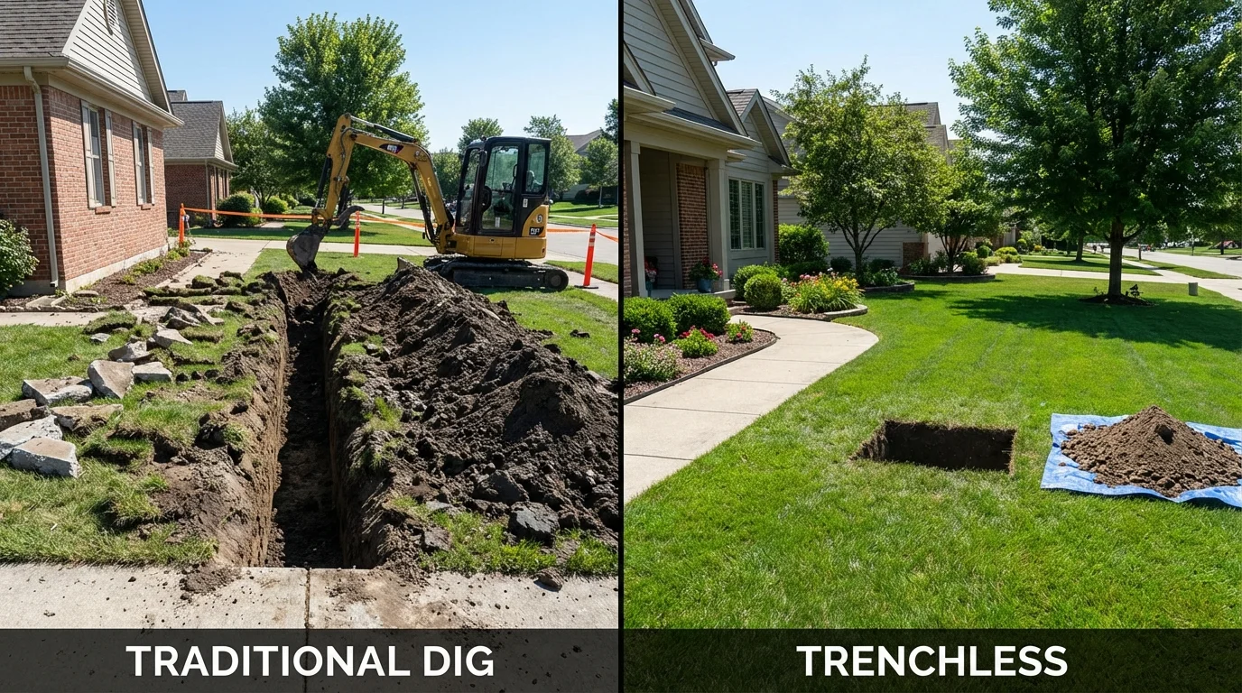 Trenchless sewer repair with minimal yard damage versus traditional excavation in King and Queen Court House, VA