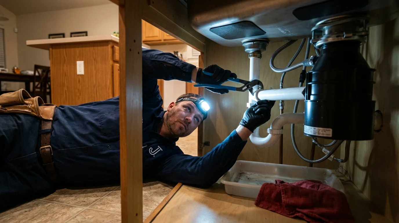 P-trap and supply line connections under a kitchen sink showing a common leak point in King and Queen Court House, VA